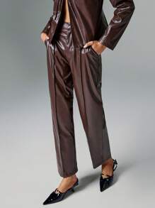 Poéselle 棕色高腰PU仿皮裤，棕色皮裤，直筒裤，正装裤，皮裤，秋装，秋冬装，办公室商务裤，万圣节裤，通勤日常休闲裤 - 棕色 - 查看 3