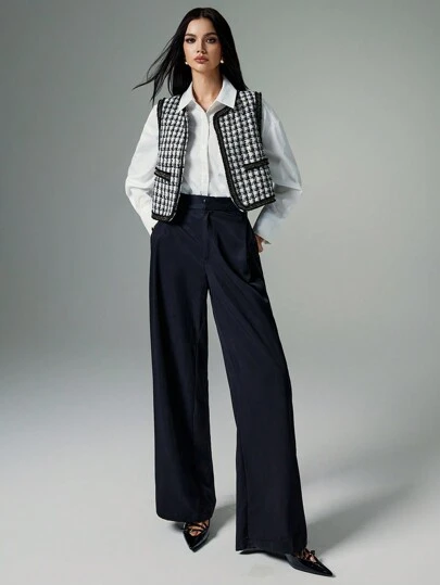 Poéselle 女款格子粗花呢翻领彩边无袖常规春秋外套短款女无袖外套女装上衣秋季外套简约粗花呢外套冬装