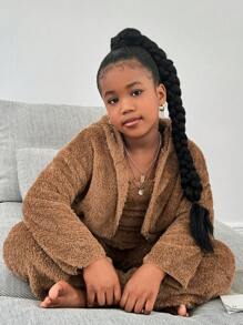 3 件套 Tween 女童休闲保暖双面羊毛连帽夹克、背心和阔腿裤套装 - 棕色 - 查看 6