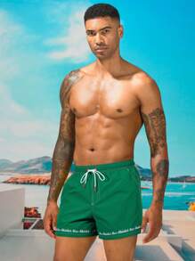 Surfspeed Men's Letter Printed Drawstring Waist Casual Beach Shorts - Green - View 4