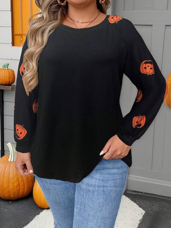 SHEIN LUNE Plus Size Women Pumpkin Printed Round Neck Loose Casual Long Sleeve T-Shirt For Spring & Summer