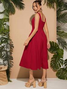 L'Amorae Square Neck Sleeveless Solid Dress - Red - View 2