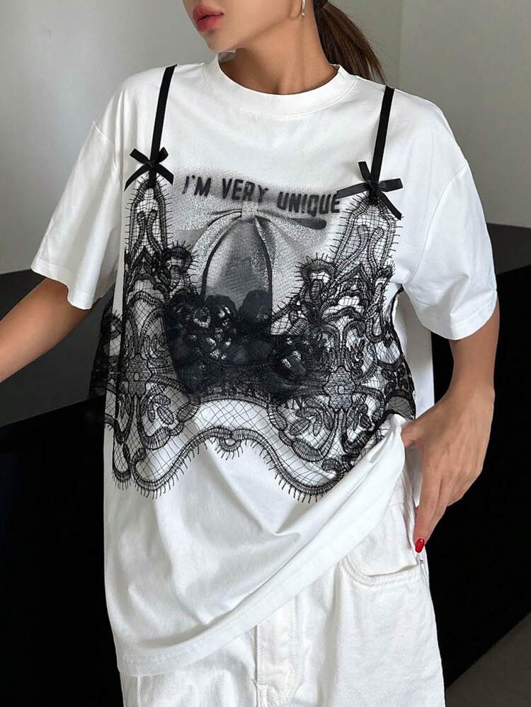 Women's Summer Loose Casual Slogan Lace Trim Drop-Shoulder T-Shirt, Graphic Tee Festival