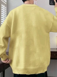 Manfinity EMRG Men's Casual Solid Color Frayed Edge Drop Shoulder Sweater, Fall/Winter - Yellow - View 2