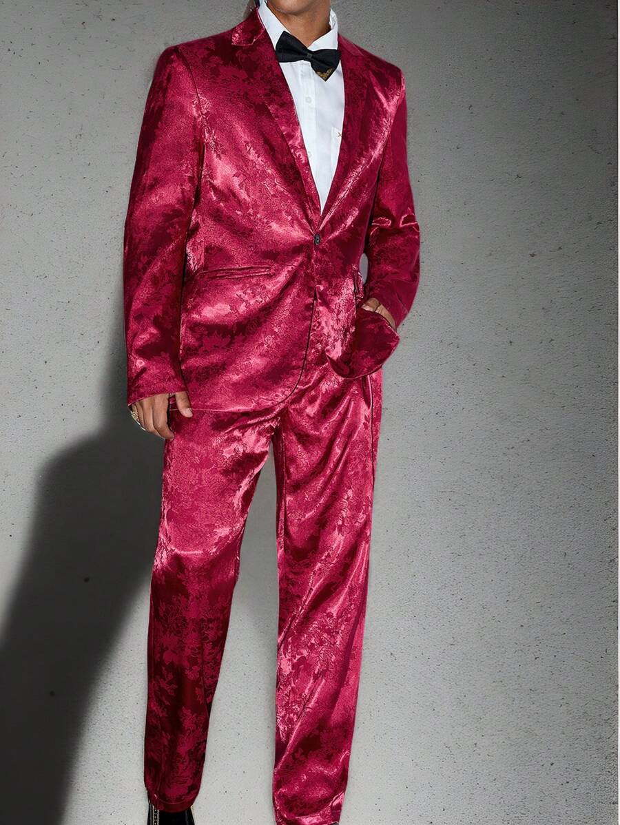 Manfinity VCAY 2pcs Men's Stylish Casual Woven Daily Wear Party Fitted Cardigan Jacket & Pants Suit - Burgundy - View 1