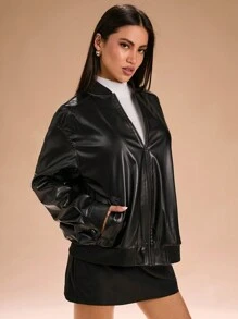 SHEIN SXY 秋季女装 宽松口袋女士皮夹克 
冬季外套 - 黑色 - 查看 6