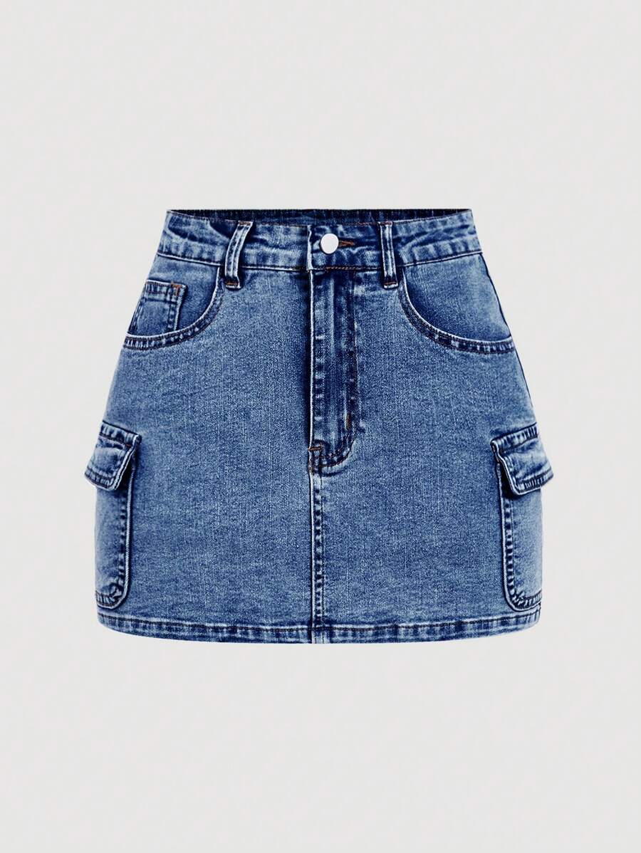 SHEIN MOD 女士简约前扣多口袋牛仔半身裙，休闲日常穿着 - 深色水洗藍 - 查看 1