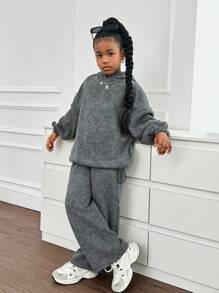 SHEIN Ensemble sweat-shirt à capuche oversize avec imprimé flocon de neige et pantalon de survêtement à jambes larges, convient pour la maison, l'extérieur et l'école