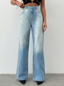SHEIN Cottnline QUẦN JEAN CAO CẤP CHÂN RỘNG MÀU XANH DƯƠNG NHẠT 100% COTTON - Rửa nhẹ - Xem 6