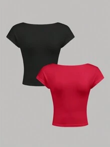 SHEIN Girlism 2 Stücke/Set gestrickte Kurzarm T-Shirts für Tween-Mädchen, Lässig