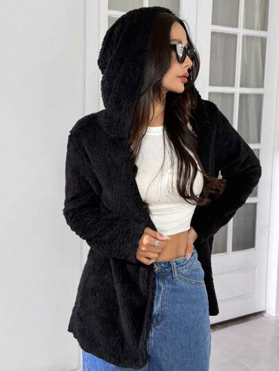 SHEIN EZwear Chaqueta con capucha de forro polar negra casual y suelta reversible para mujeres, otoño e invierno