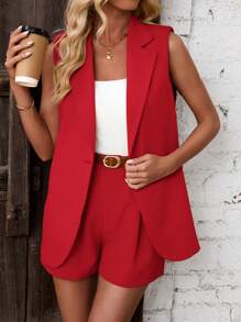 SHEIN LUNE Women's Open Front Sleeveless Top And Self-Tie Waist Shorts Suit Set In Fall/Winter