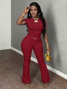 Slaydiva 2pcs Solid Color Knit Casual Set - Burgundy - View 4