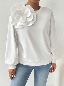 Chiquease 女士3D立体花卉宽松休闲落肩套头卫衣秋季卫衣 - 白色 - 查看 5