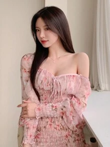 DAZY Women Sweetheart Collar Tie Front Long Sleeve Ruffle Floral Allover Print Short Dress,Milkmaid Dress Sundress,Mini Dress