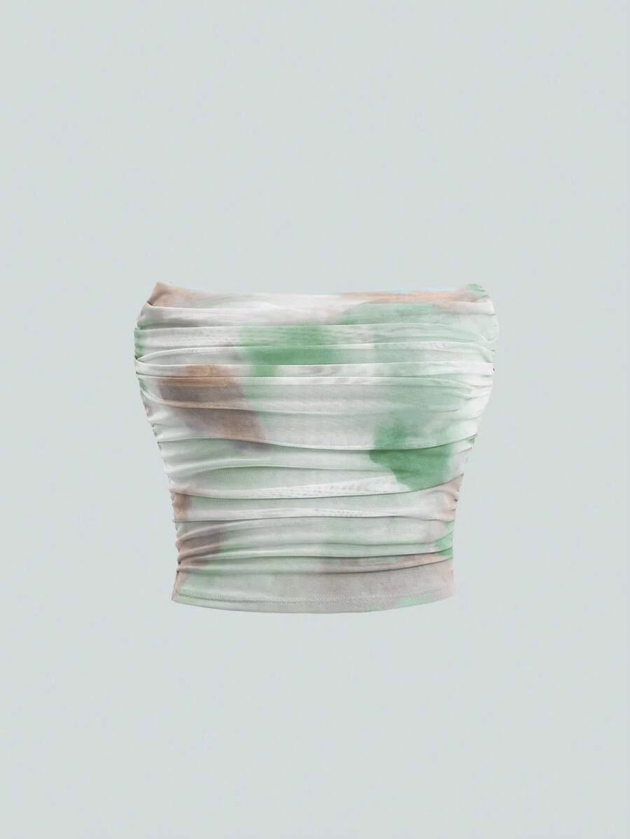 SHEIN Essnce Casual Summer Tanks Tie Dye Ruched Strapless Crop Top  Going Out Tops Summer Shirts Summer Fits - Green - View 1