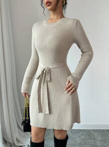 Chiquease 纯色合身 A 字型中长毛衣连衣裙 - 駝色 - 查看 3