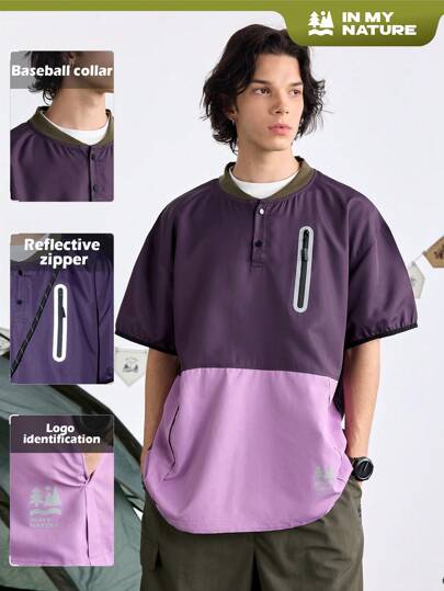 In My Nature Men's Round Neck Button Contrast Color Loose Casual Outdoor T-Shirt School