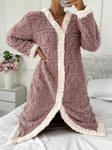 Color Blocked Jacquard Fleece Robe For Women, For Fall Winter, Cozy Outfit - Multicolor - View 5