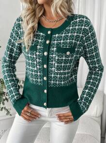 SHEIN LUNE 女士纽扣式长袖格子修身优雅开衫