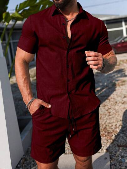 Manfinity Homme Outfit casual de vacaciones con camisa de manga corta de unicolor y pantalones cortos para hombres