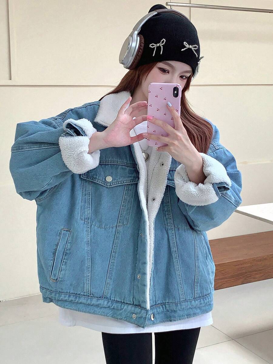 DAZY Women Shearling Patchwork Denim Jacket - Medium Wash - View 1