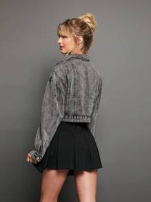 WESTFADE Premium Cotton Denim Cropped Casual Fall Cargo Jacket - Black - View 2