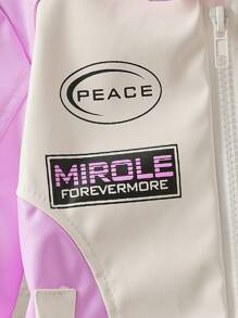 Girls Casual Pink & White Contrast Color Printed PU Leather Jacket, Autumn