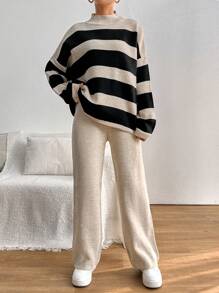 EURMUSE Striped Pattern Drop Shoulder Sweater & Knit Pants - Black and White - View 3