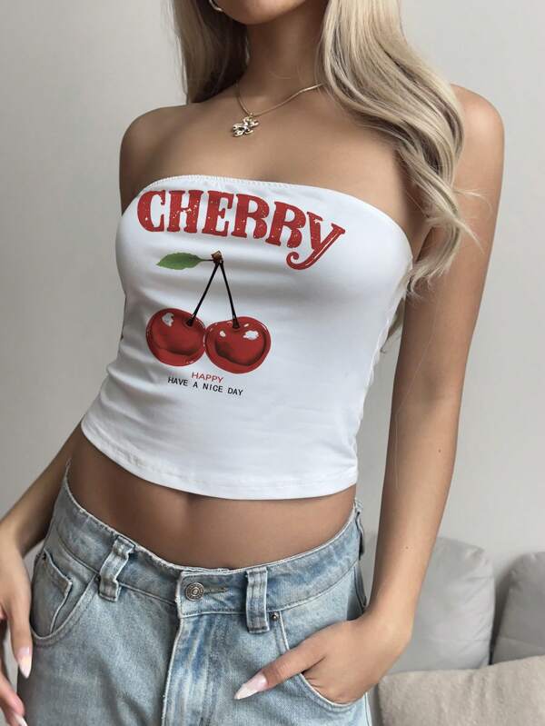 SHEIN EZwear Damen 's süßes und sexy Kirschdruck eng anliegendes Camisole Top, perfekt für den Sommer