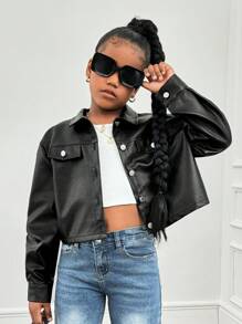 SHEIN Tween-Mädchen Lässig Schwarz Kragen Tasche Metall Schnalle PU Kurze Bomberjacke