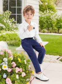 SHEIN 2 件套年轻男孩绅士装 - 白色编织领长袖衬衫和裤子，适合生日、派对、婚礼、节日和秋冬季正式场合 - 白色 - 查看 1