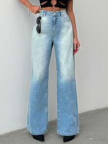 SHEIN Cottnline QUẦN JEAN CAO CẤP CHÂN RỘNG MÀU XANH DƯƠNG NHẠT 100% COTTON - Rửa nhẹ - Xem 2