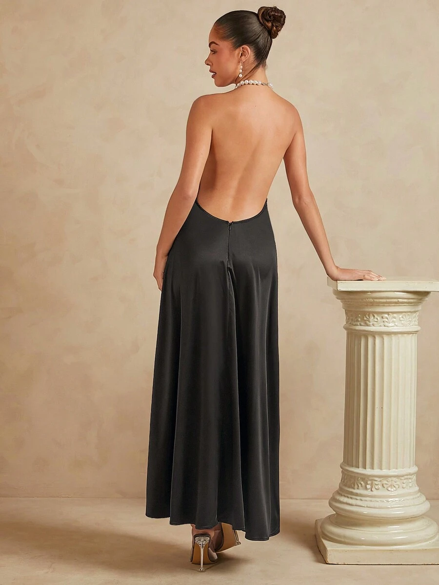 SHEIN Unity Faux Pearl Halter Neck Backless Dress - Black - View 1