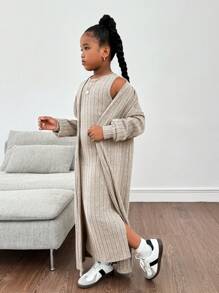 SHEIN Tween Girl Ribbed Knit Long Cardigan Paired With Long Split Dress Apricot Set