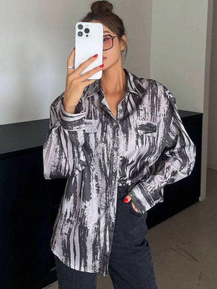 Tie-Dye Allover Print Tree Pattern Oversized Long Sleeve Shirt
