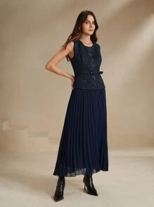 Anewsta Women Contrast Chiffon Pleated Long Dress Maxi Tweed Women Outfit - Blue - View 7