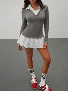 Aloruh 秋季女装 Geek Chic 年轻女孩时尚运动休闲辣妹学院风连衣裙 2 合 1 针织衬衫撞色拼接灰色长袖迷你连衣裙 - 灰色 - 查看 1