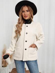 EMERY ROSE Women's Loose Fit Dropped Shoulder Long Sleeve Pockets Fleece Jacket, Autumn/Winter - Apricot - View 5