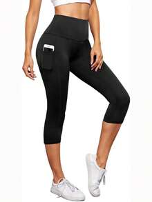 High Waist Workout Yoga Tight Capri Pants With Pocket, Stretchy Fitness Running Sports Capri Leggings, Women's Activewear - Black - View 3