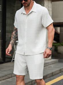 Manfinity Homme 大码 2 件装男士纯色短袖纽扣衬衫和短裤休闲西装，夏季 - 白色 - 查看 5