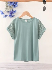 SHEIN Tween Girl  Plain Round Neck Loose Casual Vacation Short Sleeve T-Shirt - Cadet Blue - View 5