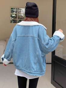 DAZY Women Shearling Patchwork Denim Jacket - Medium Wash - View 5