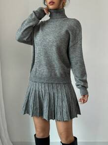 Rafferiza Bộ 2 chiếc váy xếp ly rộng màu trơn và áo len cổ lọ - Màu xám đen - Xem 4