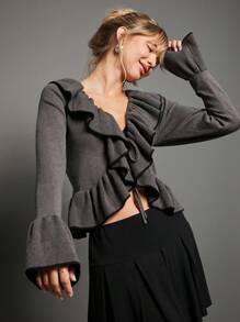 WESTFADE Coquette Stretch Ruffled Contrast Going Out Sweater - Dark Grey - View 7
