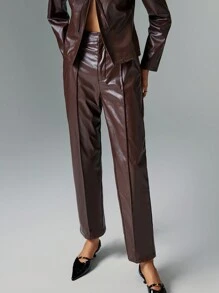 Poéselle 棕色高腰PU仿皮裤，棕色皮裤，直筒裤，正装裤，皮裤，秋装，秋冬装，办公室商务裤，万圣节裤，通勤日常休闲裤 - 棕色 - 查看 7