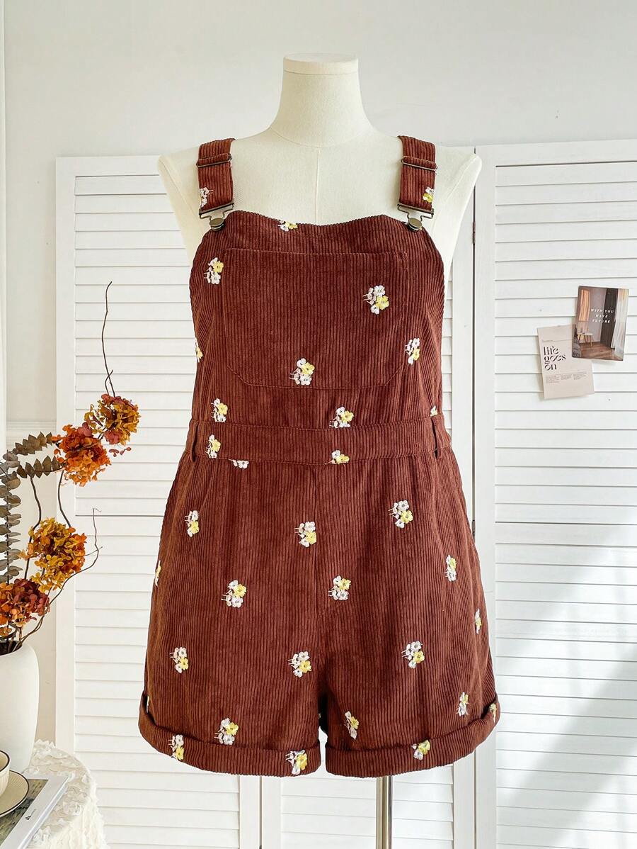 Soleia 大码度假女式休闲棕色灯芯绒可调节口袋肩带裤 - 棕色 - 查看 1