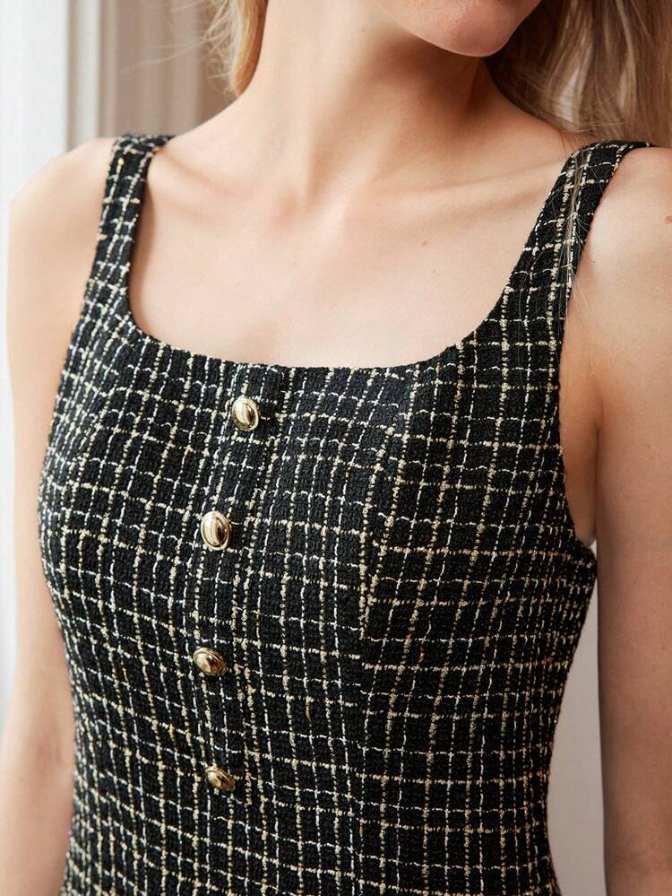 PLAID PRINT GOLD BUTTON DETAIL SHORT DRESS
