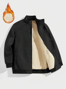 Manfinity Homme Áo khoác nam tay dài khóa kéo màu trơn đơn giản thời trang cỡ lớn - màu đen - Xem 1