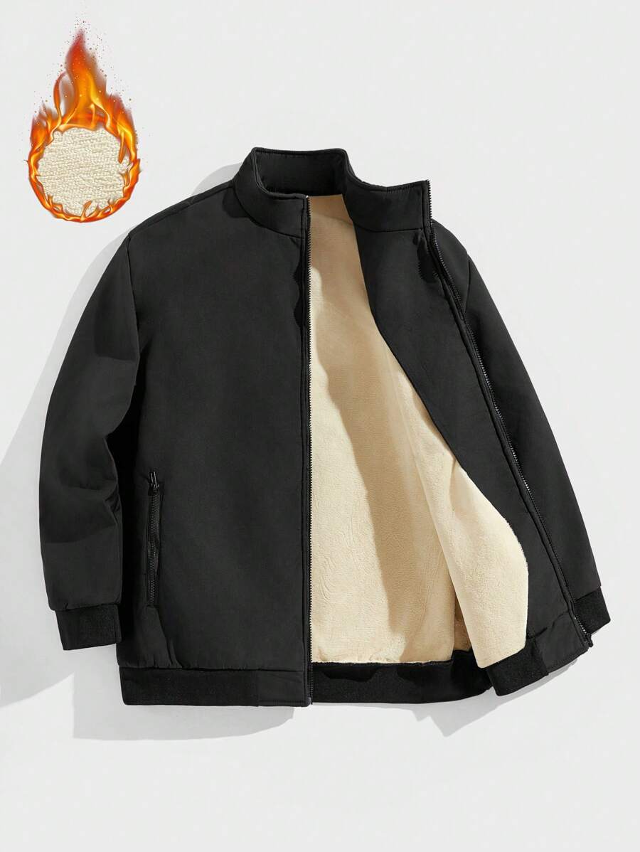 Manfinity Homme Áo khoác nam tay dài khóa kéo màu trơn đơn giản thời trang cỡ lớn - màu đen - Xem 1